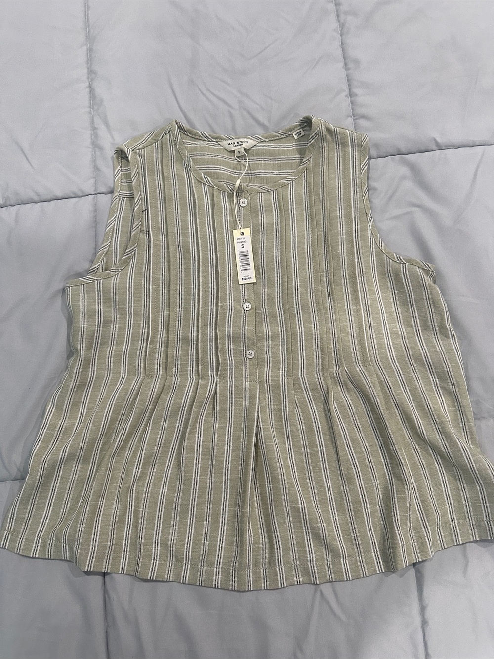 Max Studio Olive Green and White Striped Sleeveless Peplum Tank